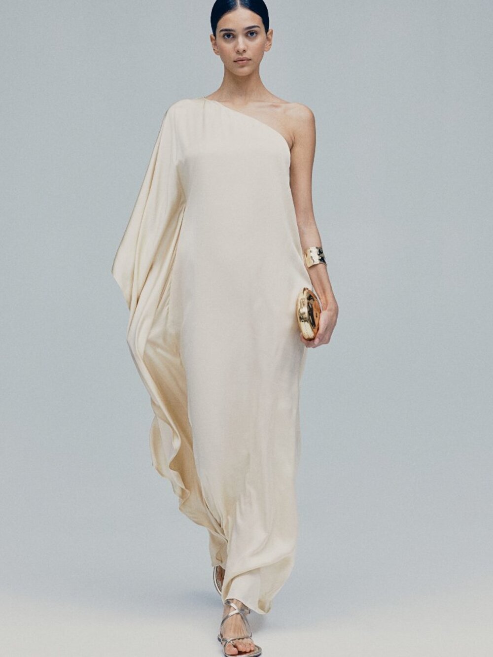 H&M Limited Edition Satin One Shoulder Cape Sleeve Pale Yellow Maxi Dress